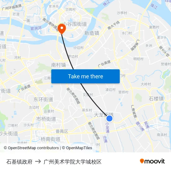 石基镇政府 to 广州美术学院大学城校区 map