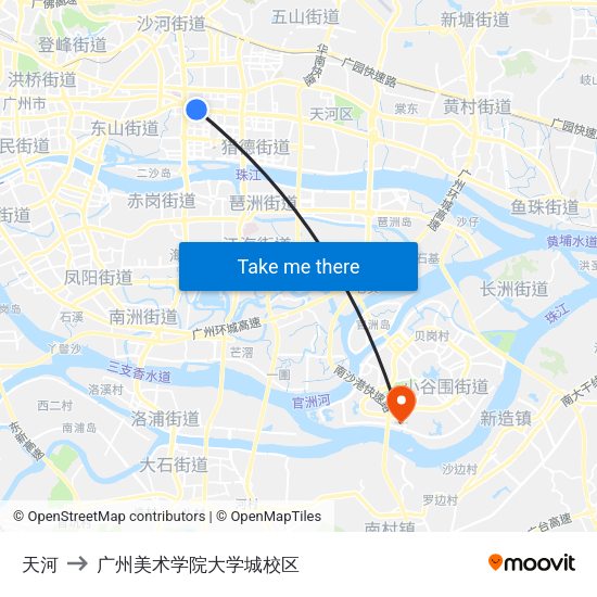 天河 to 广州美术学院大学城校区 map