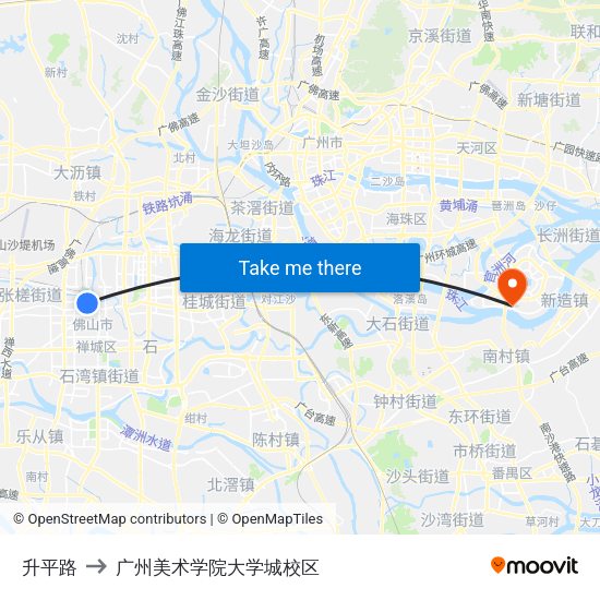 升平路 to 广州美术学院大学城校区 map