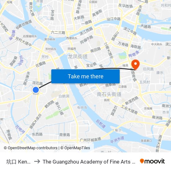 坑口 Kengkou to The Guangzhou Academy of Fine Arts 广州美术学院 map