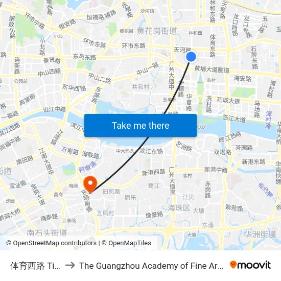 体育西路 Tiyu Xilu to The Guangzhou Academy of Fine Arts 广州美术学院 map