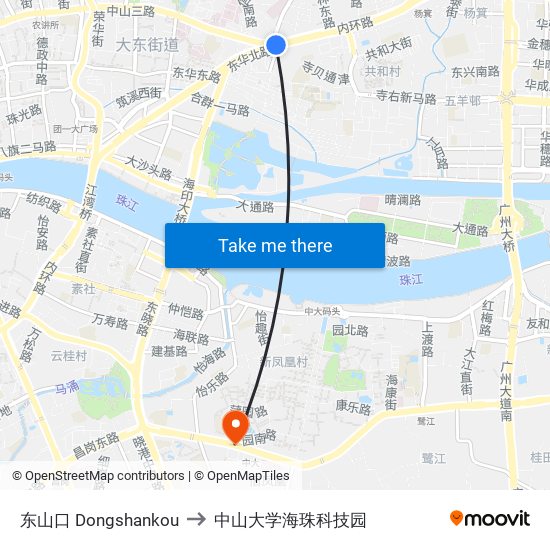 东山口 Dongshankou to 中山大学海珠科技园 map