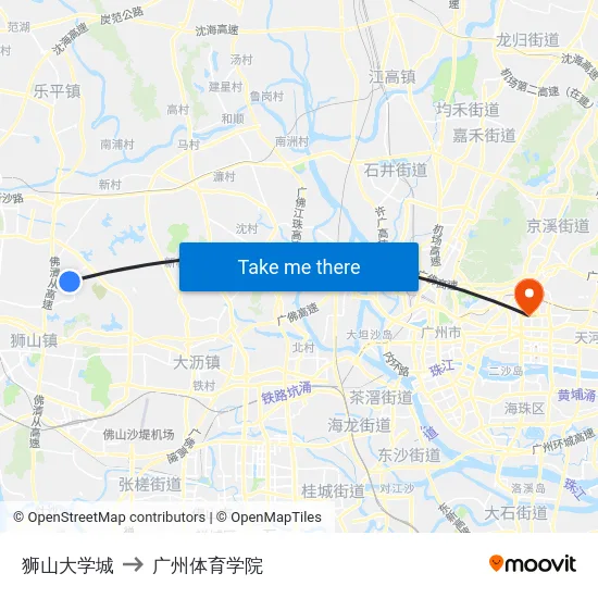 狮山大学城 to 广州体育学院 map