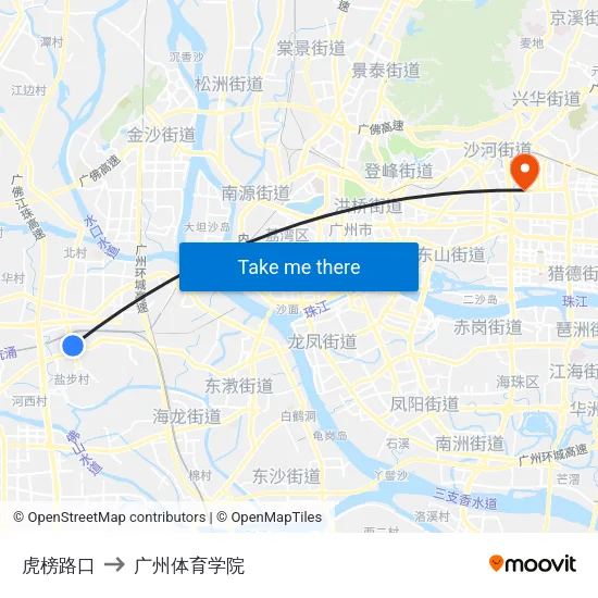 虎榜路口 to 广州体育学院 map