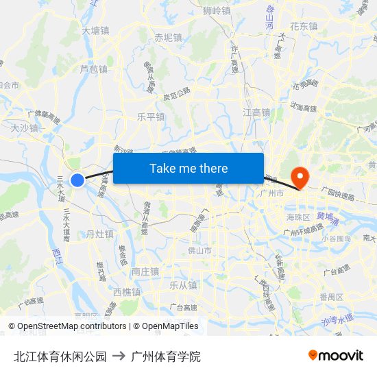北江体育休闲公园 to 广州体育学院 map