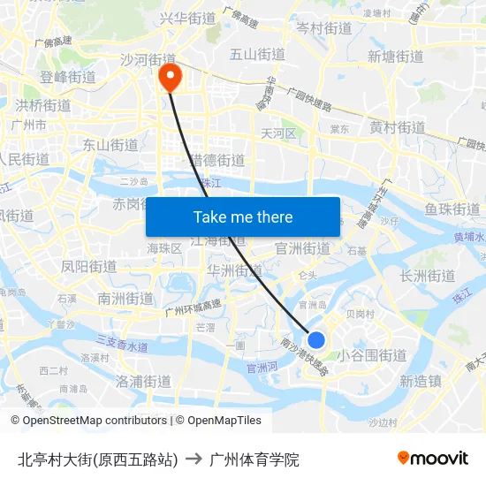 北亭村大街(原西五路站) to 广州体育学院 map