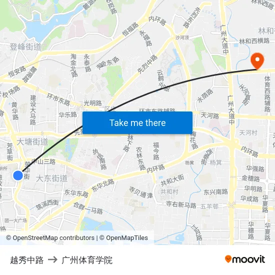 越秀中路 to 广州体育学院 map