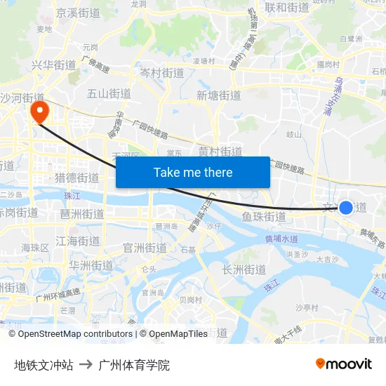 地铁文冲站 to 广州体育学院 map