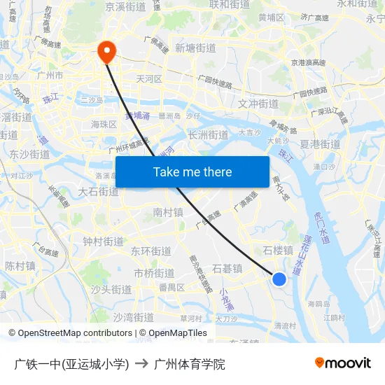 广铁一中(亚运城小学) to 广州体育学院 map