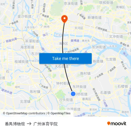 番禺博物馆 to 广州体育学院 map