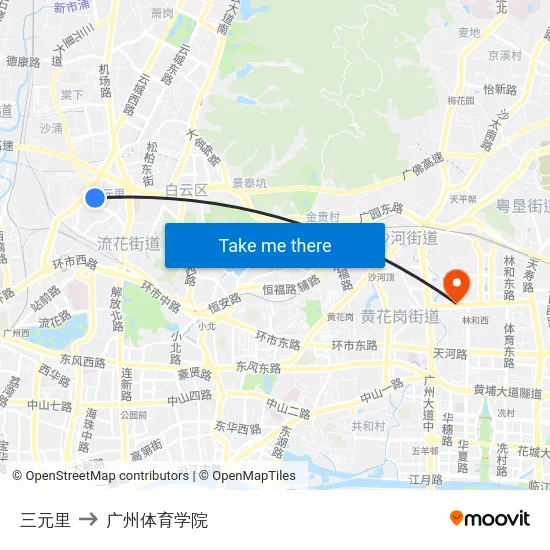 三元里 to 广州体育学院 map