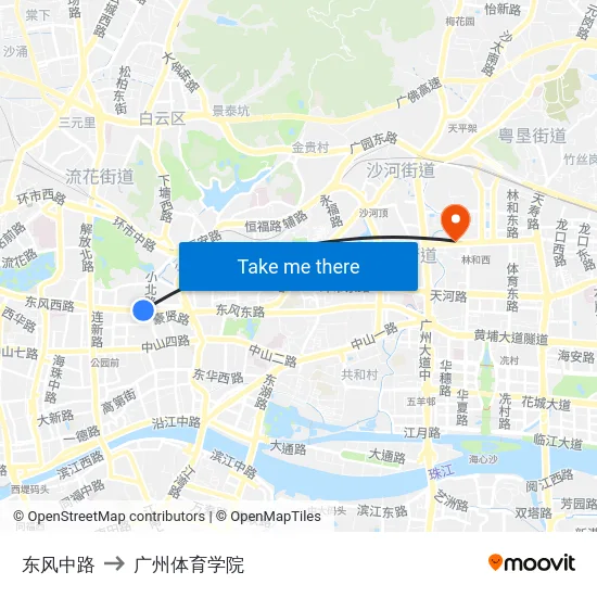 东风中路 to 广州体育学院 map