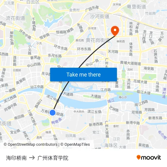 海印桥南 to 广州体育学院 map
