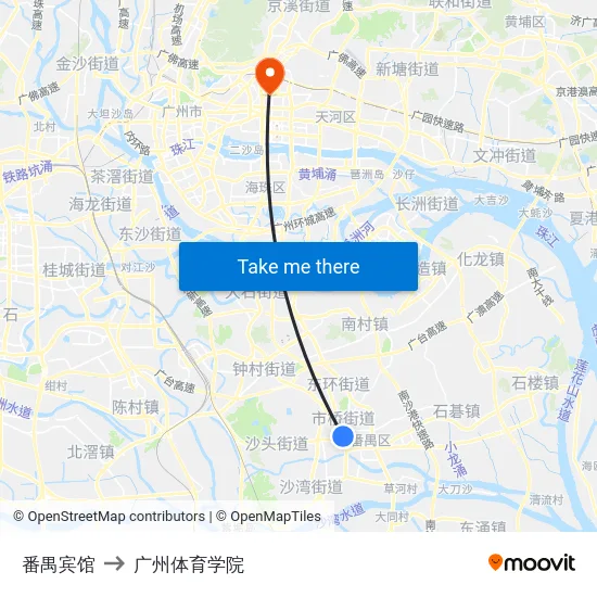 番禺宾馆 to 广州体育学院 map