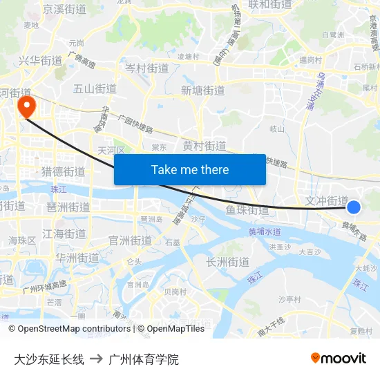 大沙东延长线 to 广州体育学院 map