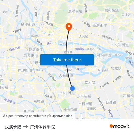 汉溪长隆 to 广州体育学院 map