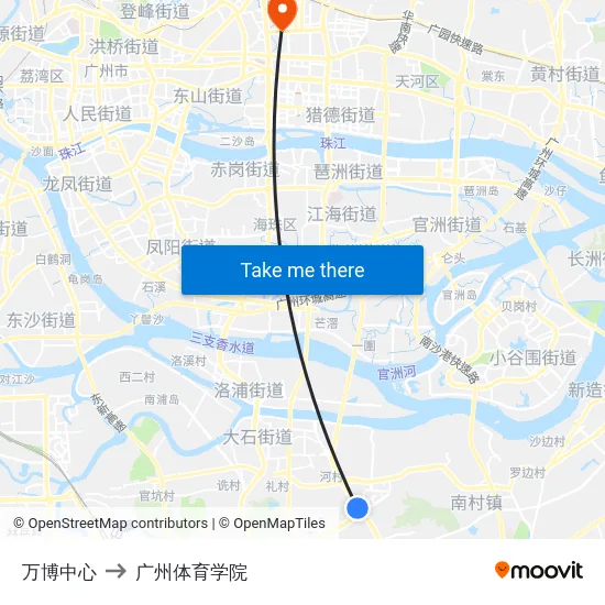 万博中心 to 广州体育学院 map