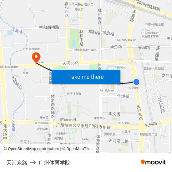 天河东路 to 广州体育学院 map