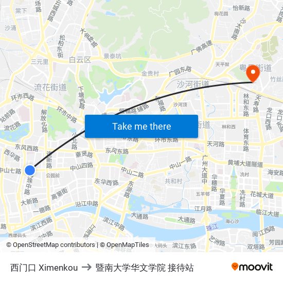 西门口 Ximenkou to 暨南大学华文学院 接待站 map