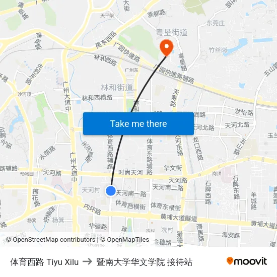 体育西路 Tiyu Xilu to 暨南大学华文学院 接待站 map