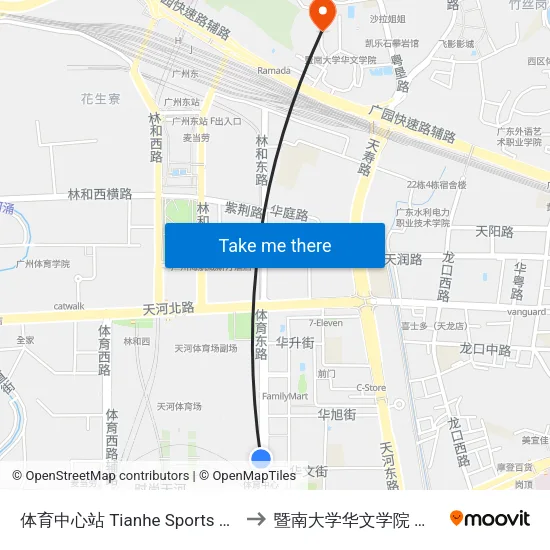 体育中心站 Tianhe Sports Center to 暨南大学华文学院 接待站 map