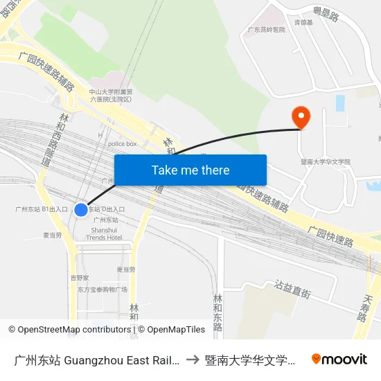 广州东站 Guangzhou East Railway Station to 暨南大学华文学院 接待站 map