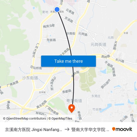 京溪南方医院 Jingxi Nanfang Hospital to 暨南大学华文学院 接待站 map