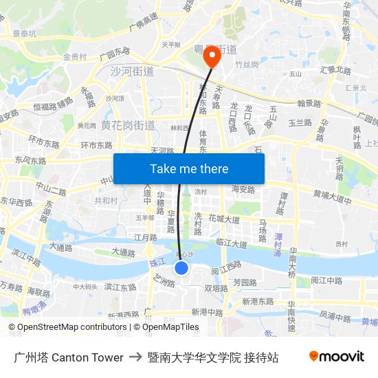 广州塔 Canton Tower to 暨南大学华文学院 接待站 map