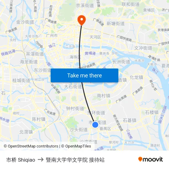 市桥 Shiqiao to 暨南大学华文学院 接待站 map