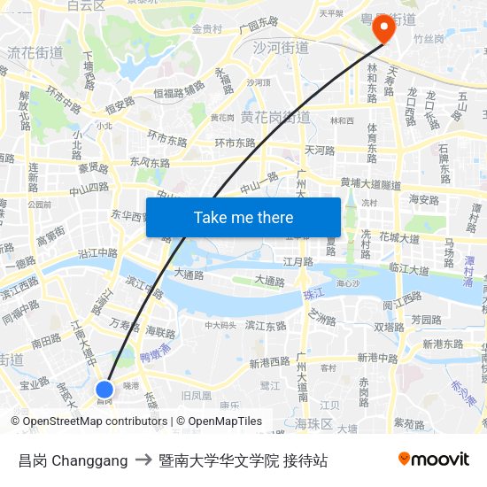 昌岗 Changgang to 暨南大学华文学院 接待站 map