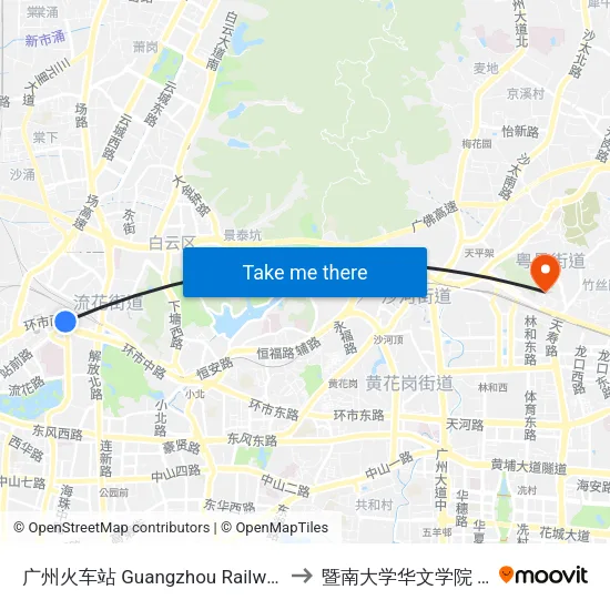 广州火车站 Guangzhou Railway Station to 暨南大学华文学院 接待站 map