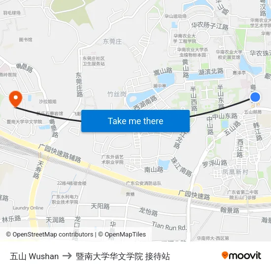 五山 Wushan to 暨南大学华文学院 接待站 map