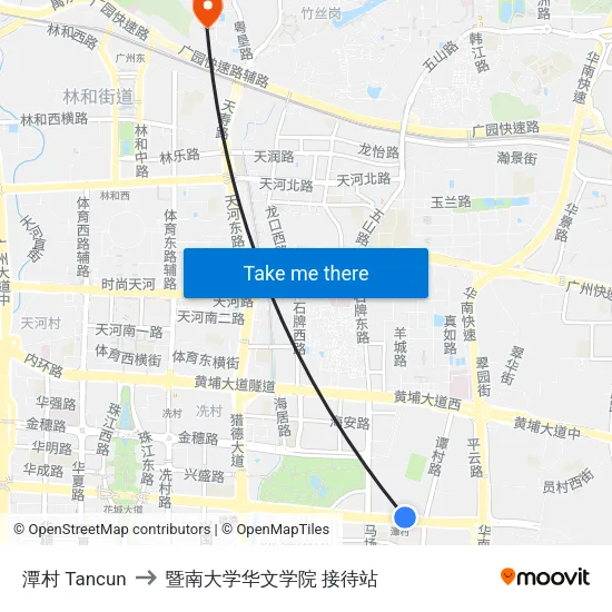潭村 Tancun to 暨南大学华文学院 接待站 map