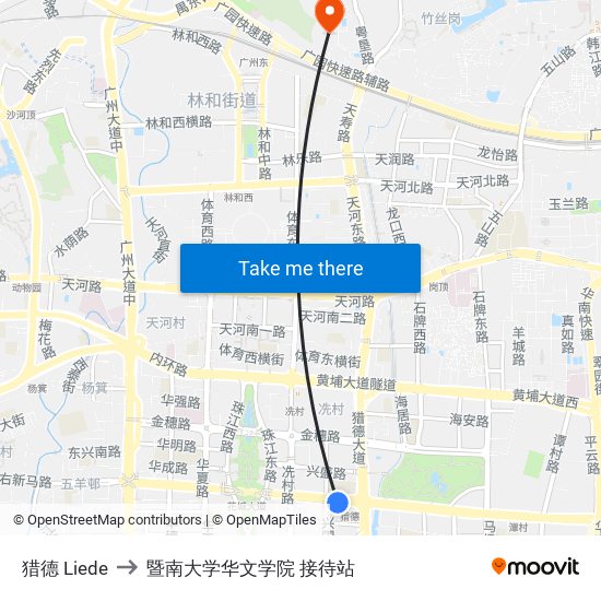 猎德 Liede to 暨南大学华文学院 接待站 map