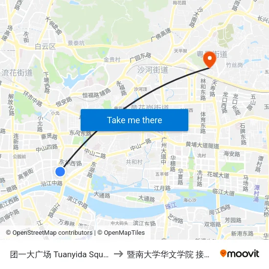 团一大广场 Tuanyida Square to 暨南大学华文学院 接待站 map