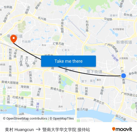 黄村 Huangcun to 暨南大学华文学院 接待站 map