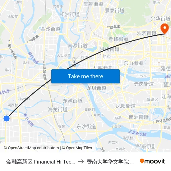 金融高新区 Financial Hi-Tech Zone to 暨南大学华文学院 接待站 map