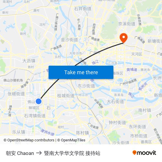 朝安 Chaoan to 暨南大学华文学院 接待站 map