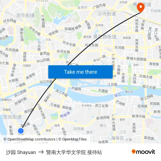 沙园 Shayuan to 暨南大学华文学院 接待站 map