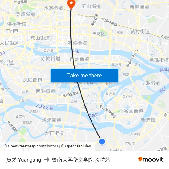 员岗 Yuangang to 暨南大学华文学院 接待站 map