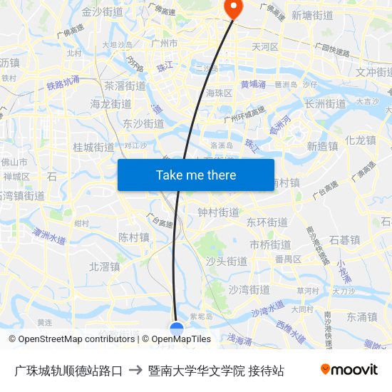 广珠城轨顺德站路口 to 暨南大学华文学院 接待站 map
