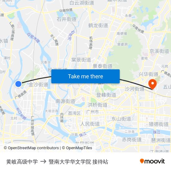 黄岐高级中学 to 暨南大学华文学院 接待站 map