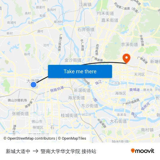 新城大道中 to 暨南大学华文学院 接待站 map
