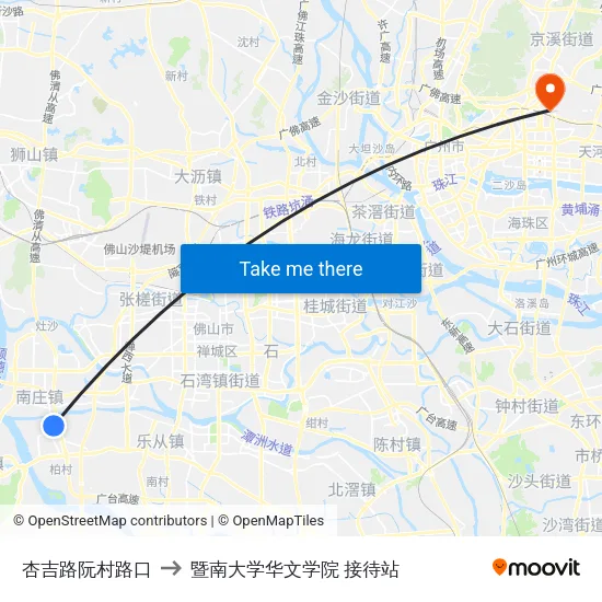 杏吉路阮村路口 to 暨南大学华文学院 接待站 map