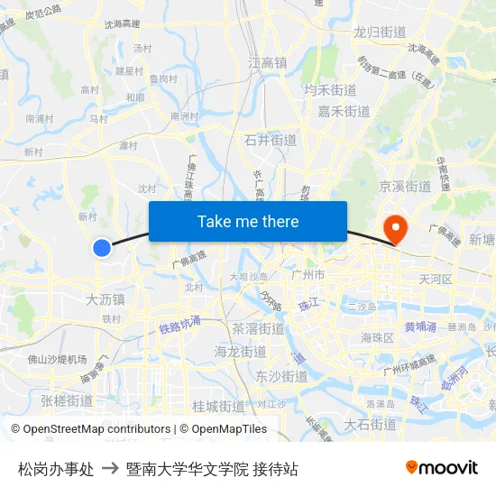 松岗办事处 to 暨南大学华文学院 接待站 map