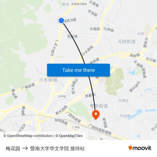 梅花园 to 暨南大学华文学院 接待站 map