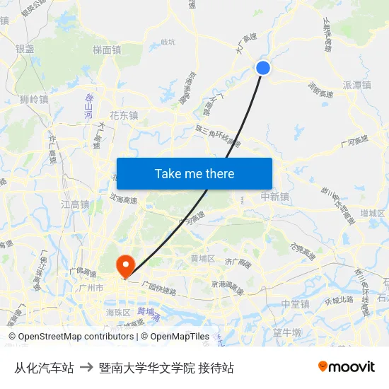 从化汽车站 to 暨南大学华文学院 接待站 map