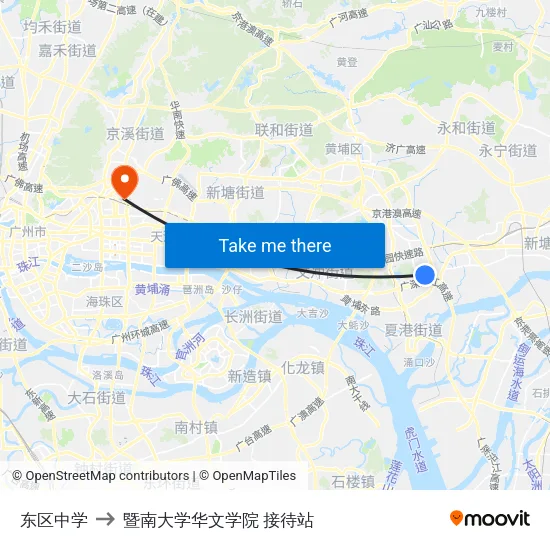 东区中学 to 暨南大学华文学院 接待站 map