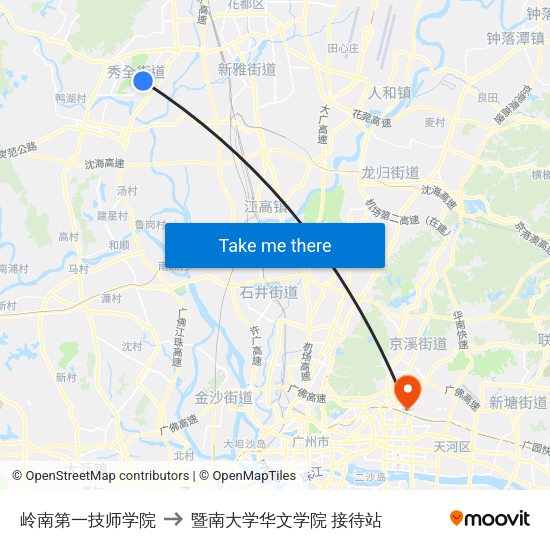 岭南第一技师学院 to 暨南大学华文学院 接待站 map