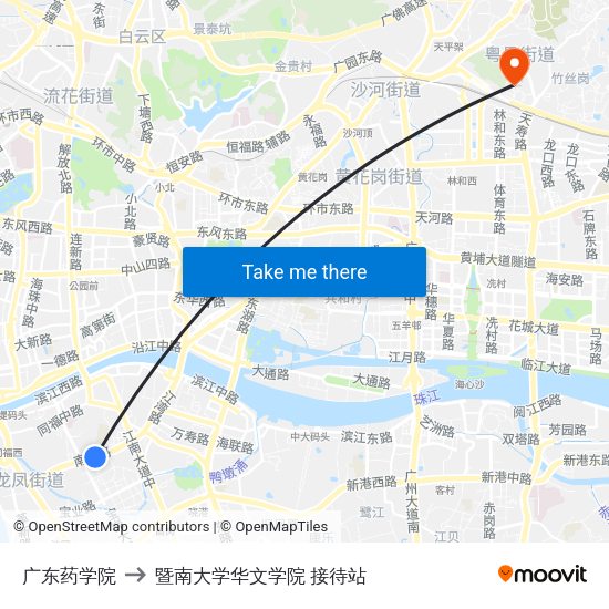 广东药学院 to 暨南大学华文学院 接待站 map